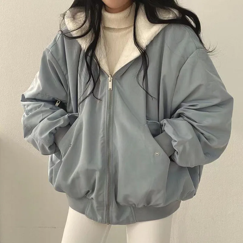 

2023 Autumn Women Thicken Parkas Casual Hooded Jacket Winter Oversized Double-Layer Korean Style Simple Solid Warm Cute Coats