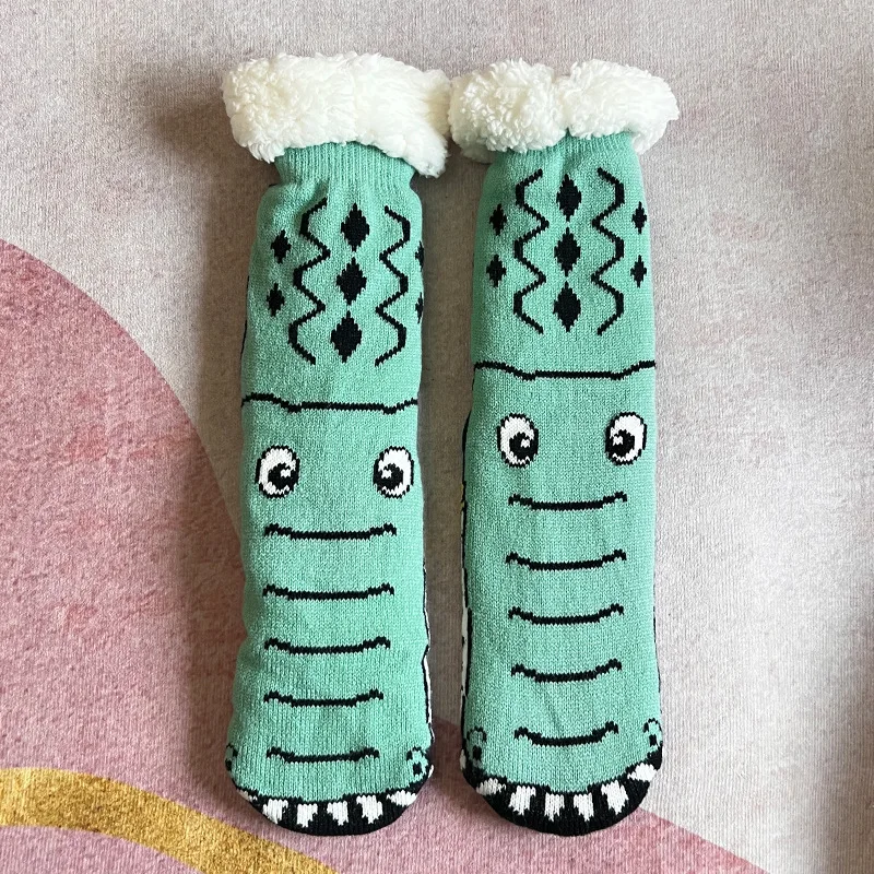Fuzzy Short Sock Women Dinosaur Winter Funny Cute Kawaii Non Slip Cartoon Sleeping Soft Comfy Female Floor Thermal Slippers