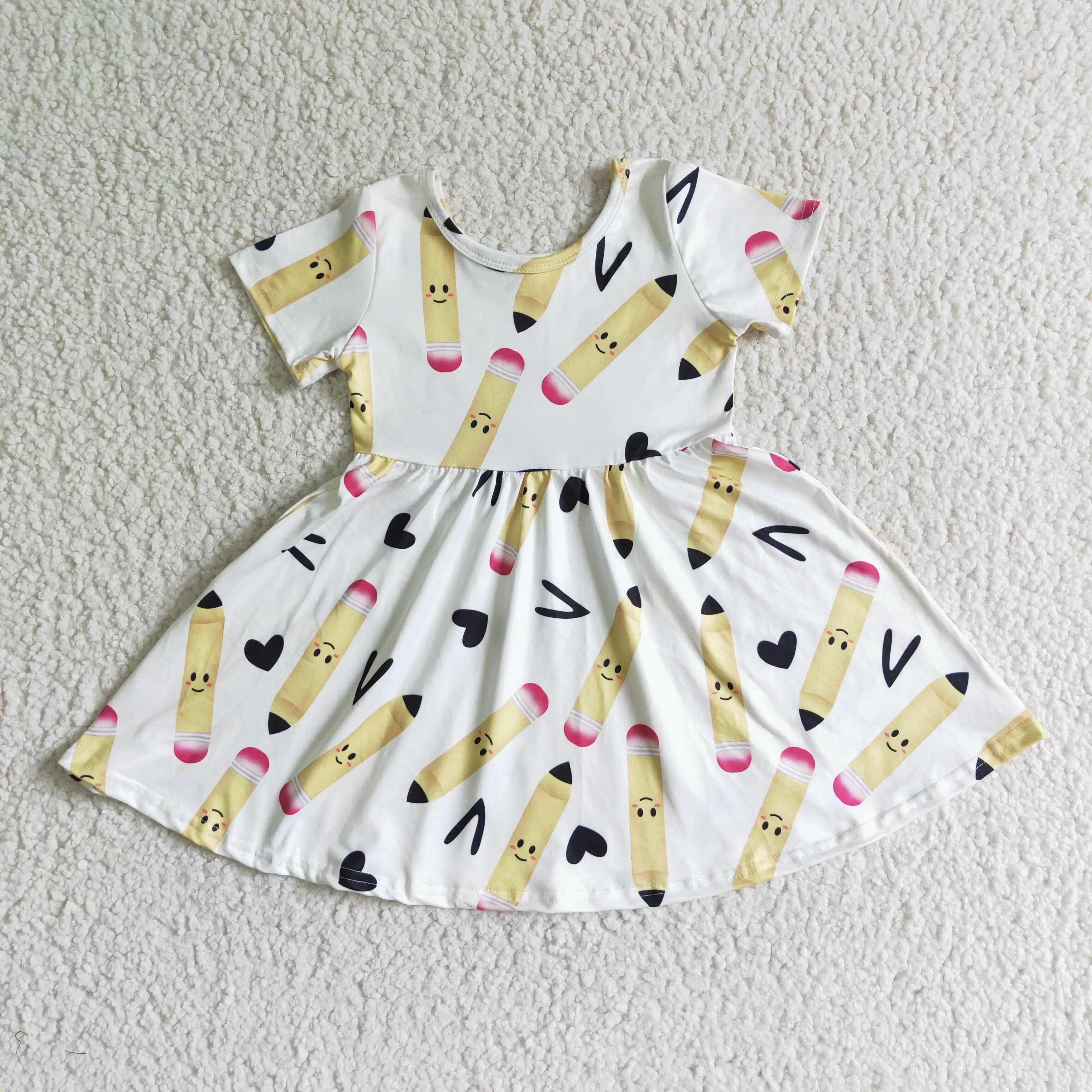 

girl back to school short sleeve o-neck twirl dress with pencil pattern