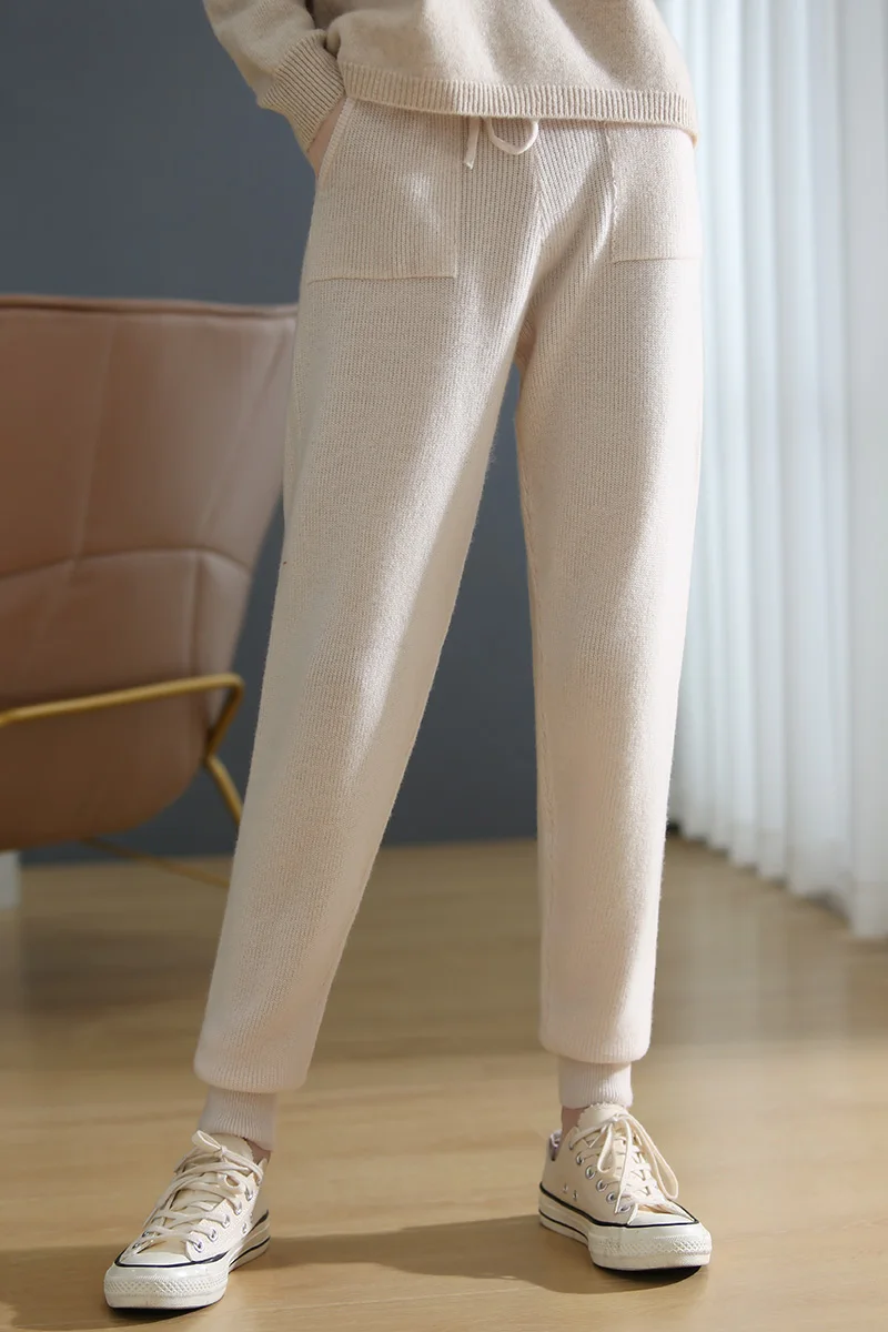 2023 Women's Autumn Winter Trendy Warm Leggings Female 100% Wool Elastic Casual Soft Pants Women Grey Fashion Ribbed Pants