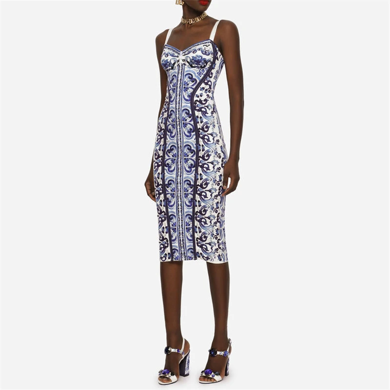 

Summer new women's fashion doubleshoulder strap printdress big name high quality majolicaprint stitchingslim strap maxi dress XL