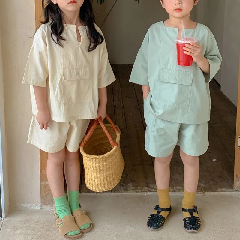 Freely Move 2 Pcs Boys Girls Clothing Sets Summer Fashion Baby Girls Clothes Cotton Solid Half Sleeve Kids Children Suits