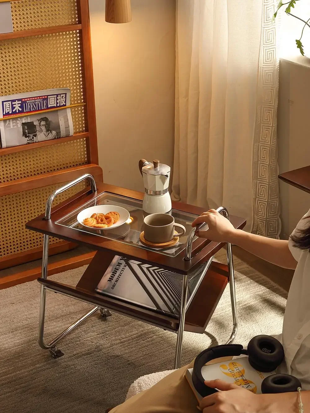 Твердая древесина для дома гостиной дивана приставной столик подвижная тележка