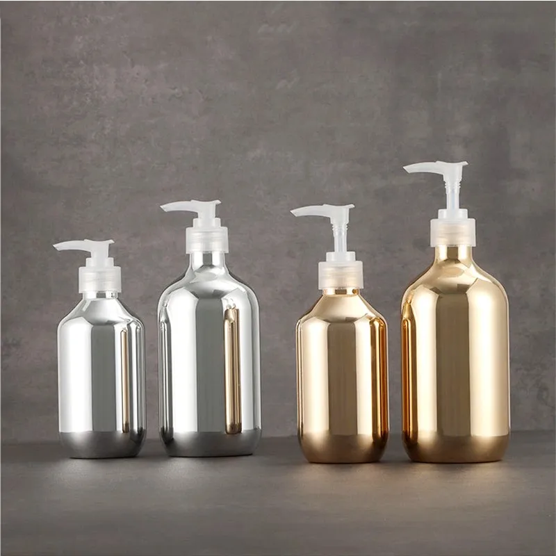 

300ml/500ml PET Bathroom Refillable Shampoo Bottle Gold Silver Plating Soap Dispenser Shower Gel Liquid Sub-bottling Container