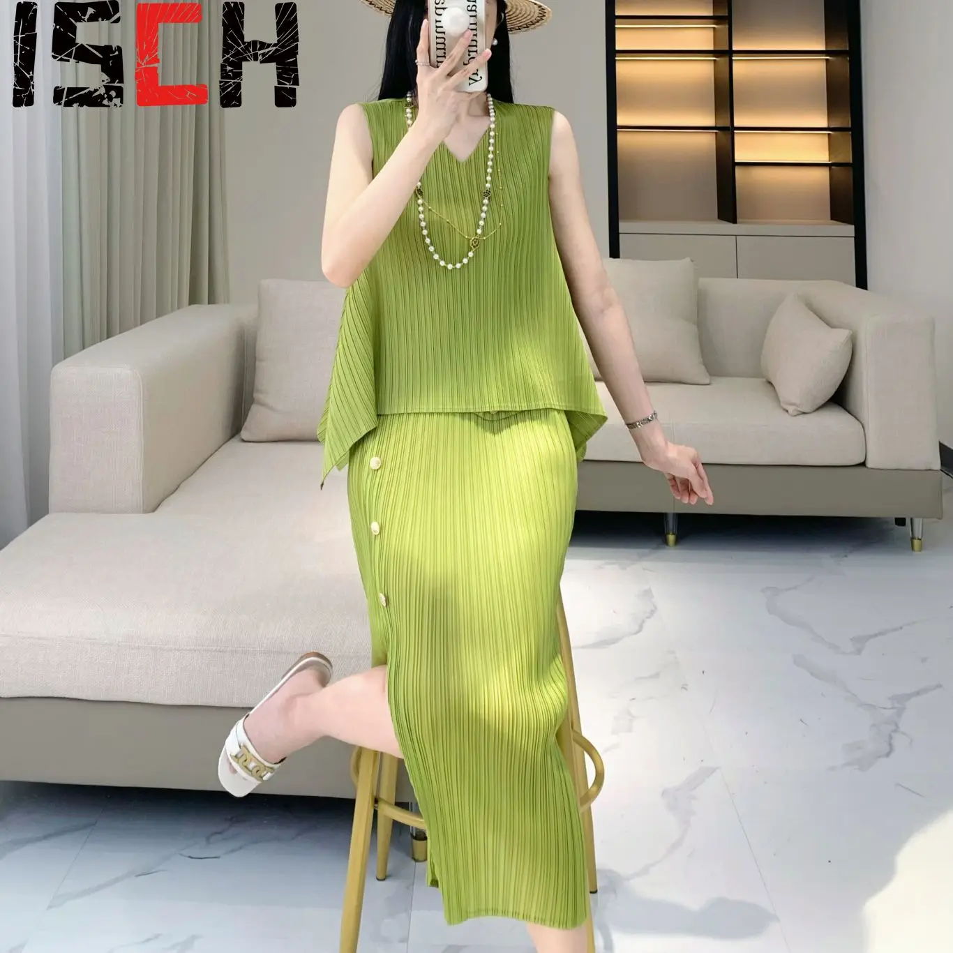 Женский плиссированный костюм с юбкой однотонный Свободный Топ без рукавов