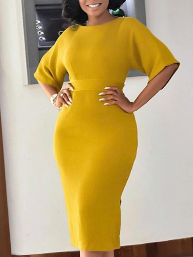 

Yellow Women Dresses Bodycon Slim Elegant Office Ladies Work Wear Short Sleeves O Neck Tight Elastic Large Size African Fashion