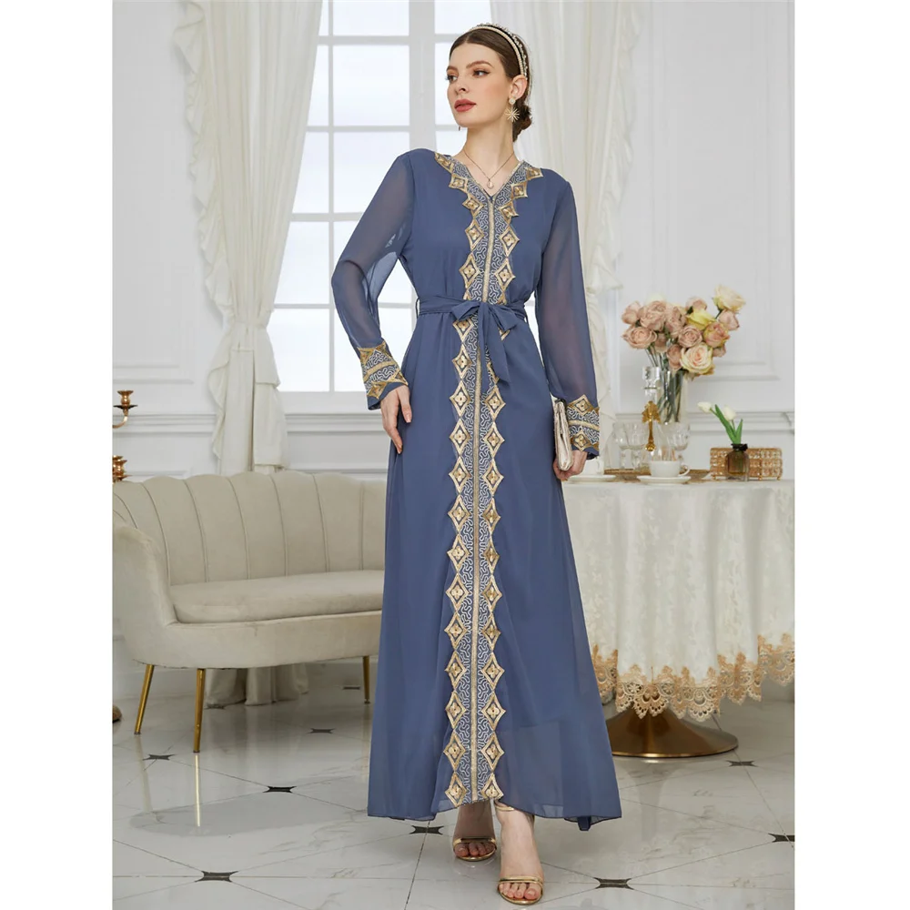 

Embroidered Kaftan Dubai Turkey Women Muslim Long Maxi Dress Chiffon Evening Party Gown Eid Ramadan Islam Clothing Robe Abaya