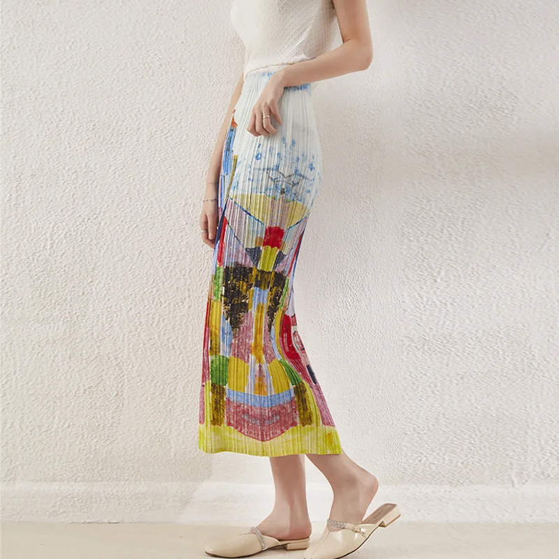 Женская плиссированная прямая юбка миаке весна-лето 2022 с принтом |