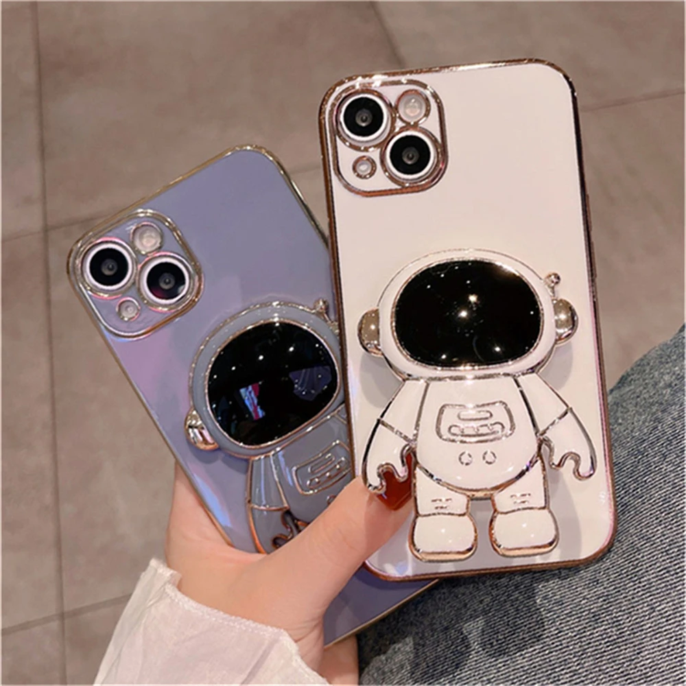 

Foldable 3D Spaceman Stand Holder Phone Case for Infinix Hot 10 10i 10S 11 11S Note 10 11 Tecno SPARK 6 GO 7 8 Pro Electroplated