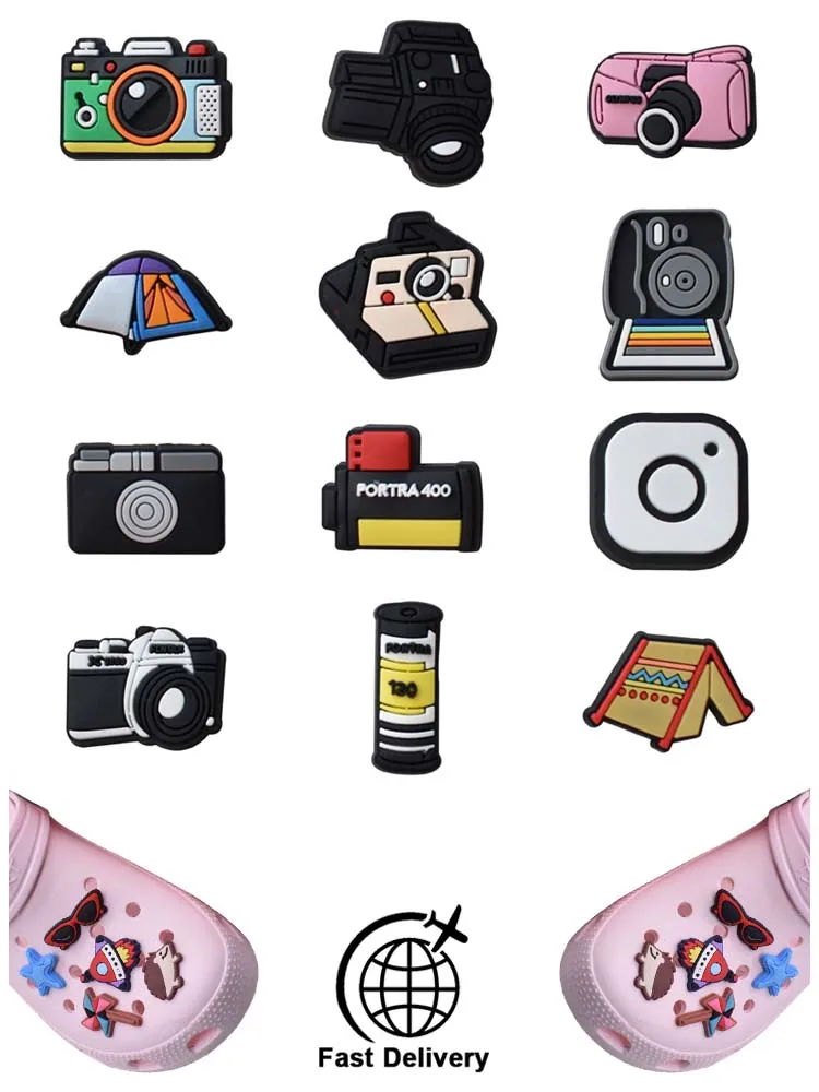 

1Pcs PVC Camera for Crocs Charms Badge Women Sandals Buckle Kids Pins Decoration Jeans Shoe Accessories X-mas Gift Dropshipping