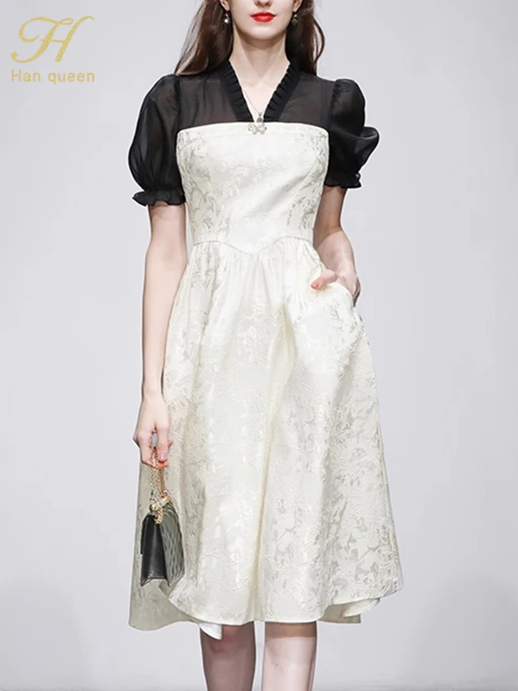 

Женское винтажное жаккардовое платье H Han Queen, элегантное простое платье трапециевидной формы в стиле пэчворк, офисное платье с V-образным вырезом, Новинка лета