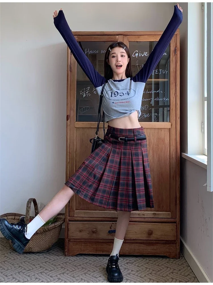 Женская красная клетчатая юбка в стиле Харадзюку винтажная плиссированная 1920-х