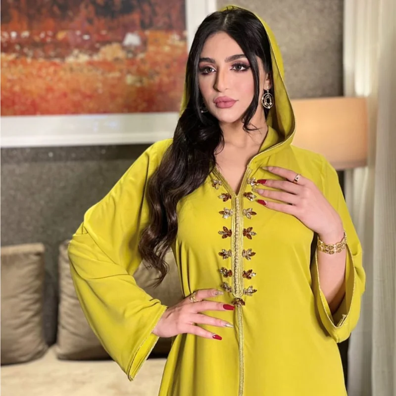 Diamond Ribbon Hooden Dress Abaya Dubai for Women Caftan Marocain Kaftan Islam Eid Mubarak Robe Dress Elegant Muslim Dress Abaya