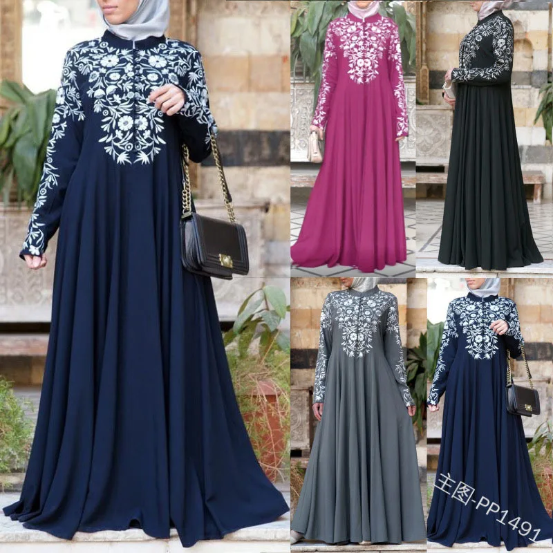 2023 new Muslim women's long-sleeved stand collar print skirt national style PP1491