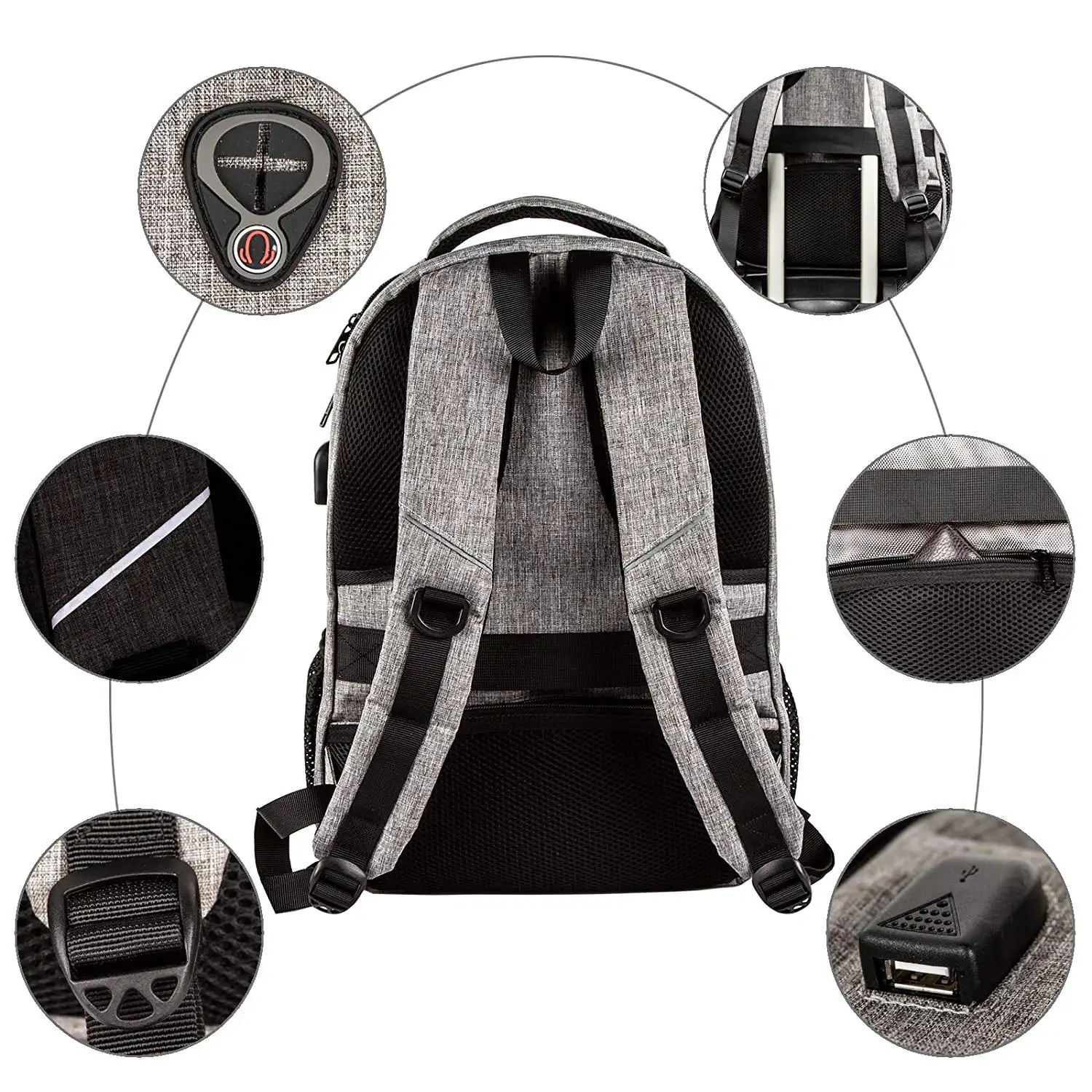 Travel Gray Backpack Anti Theft RFID Water Resistant Unisex 17