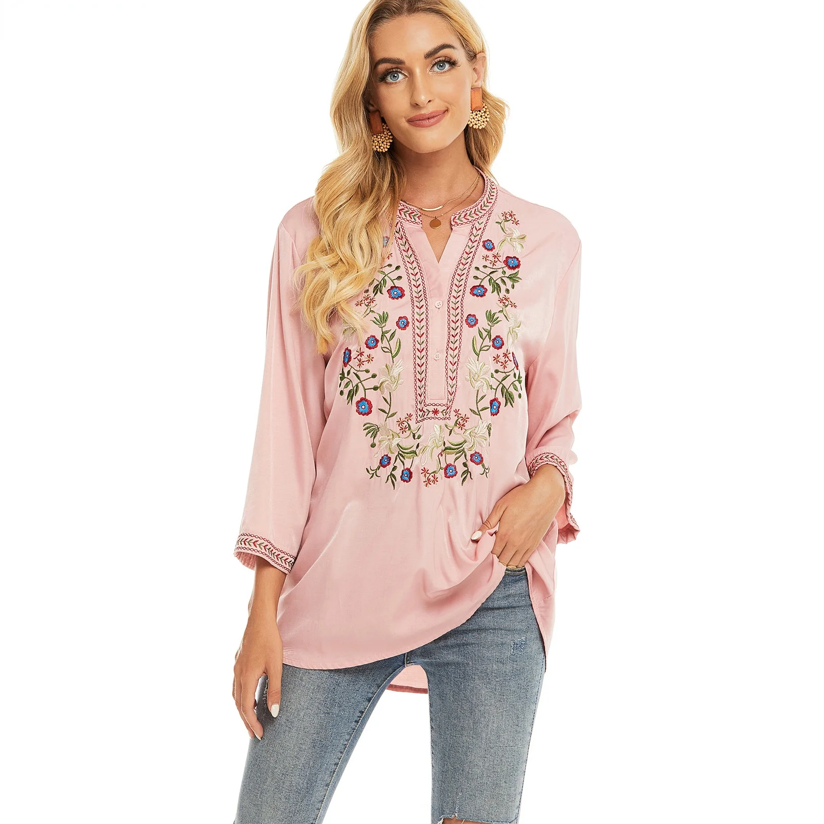 

Le Luz Pink Floral Embroidery Blouse Shirt 100% Cotton Summer Mexican Women Shirt 2xl 3Xl Ethnic Boho Chic Lady Shirt Tops