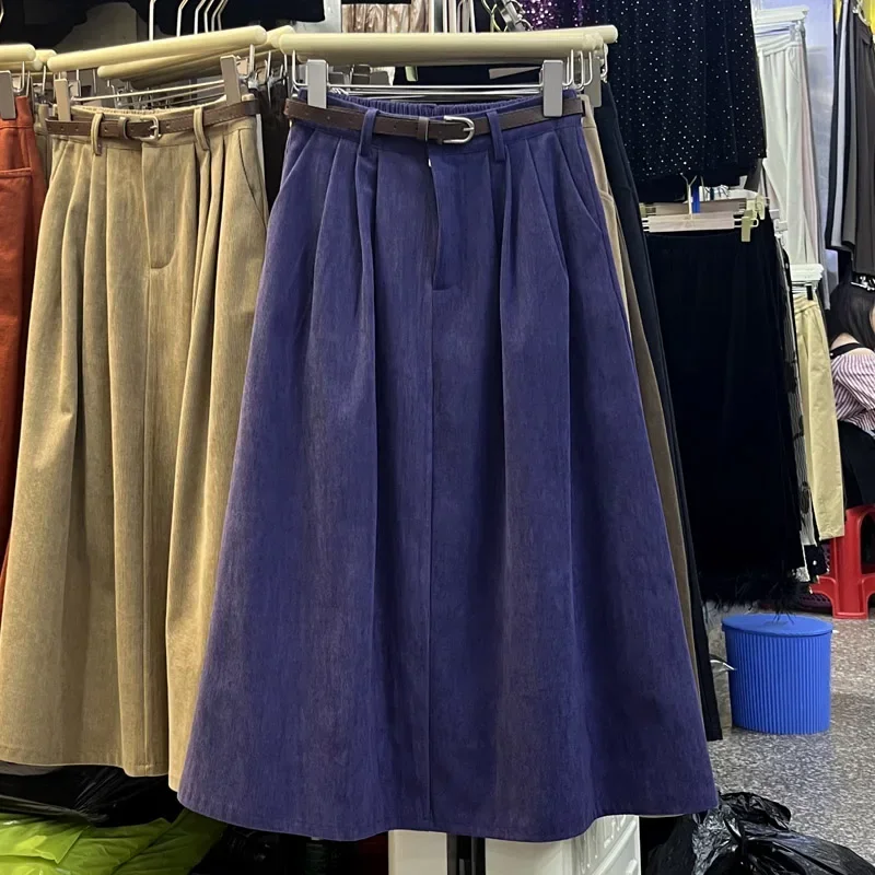 

Jupe Vintage A-Line Women Corduroy Skirts Belt Pockets Patchwork High Waist Long Skirt Streetwear Autumn Retro Dropshipping