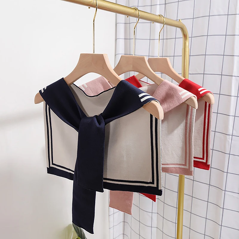 Корейская студенческая темно-синяя полосатая шерстяная вязаная накидка на плечо