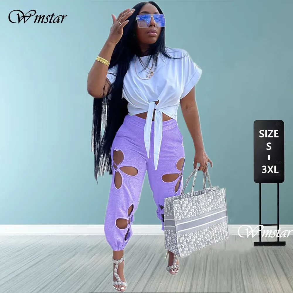 

Wmstar S-3XL Two Piece Set Women Summer Sweatsuit Lace Hole T Shirts Sweatpants New Fitness Matching Sets Wholesale Dropshpping