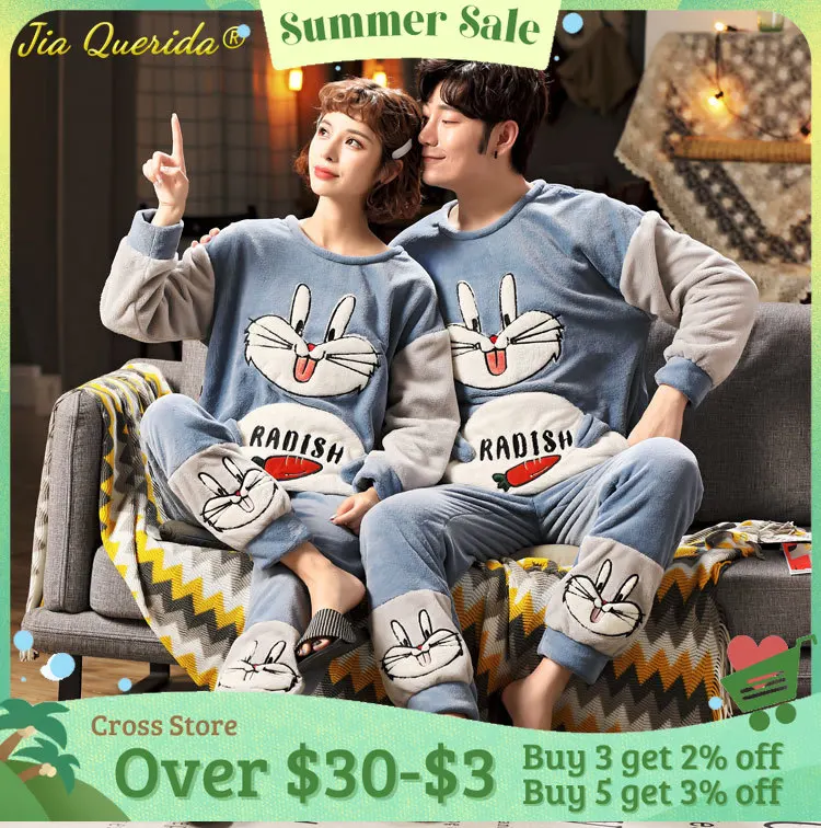 

3xl 4xl 5xl Plus Size Flannel Pajamas Men and Women Winter Pyjamas Rabbit Embroidered Big Size Homewear Warm Pijama for Couples
