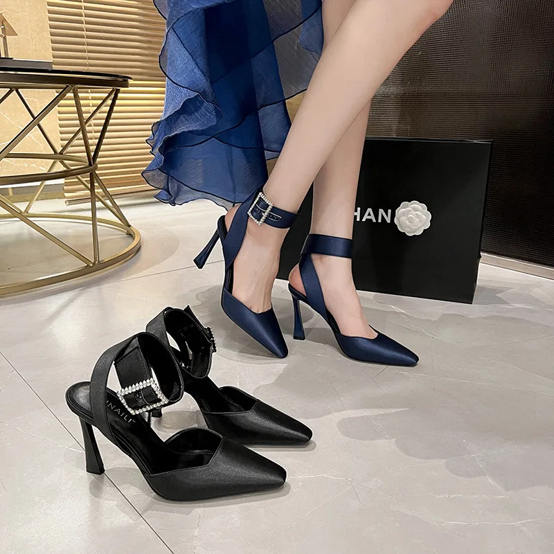 

Satin rhinestone square buckle sandals Sexy dress Party women's shoes Cross buckle black high heels