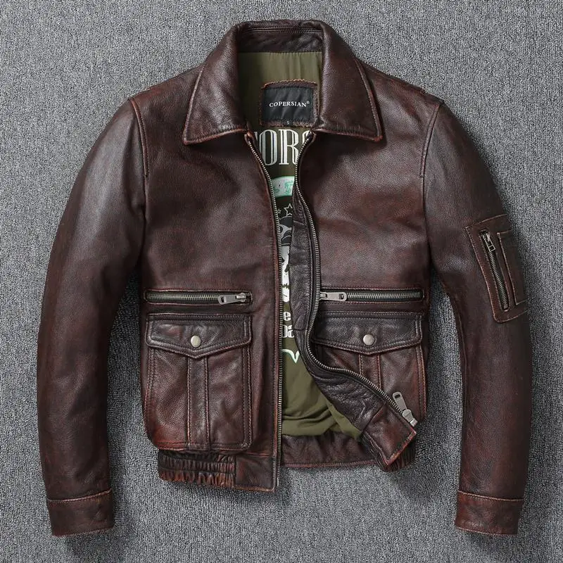 

Men corium Air force flight Jacket High Quality Vintage Distressed Top Layer Cowhide Flight Jacket Red Brown Short Moto Jacket