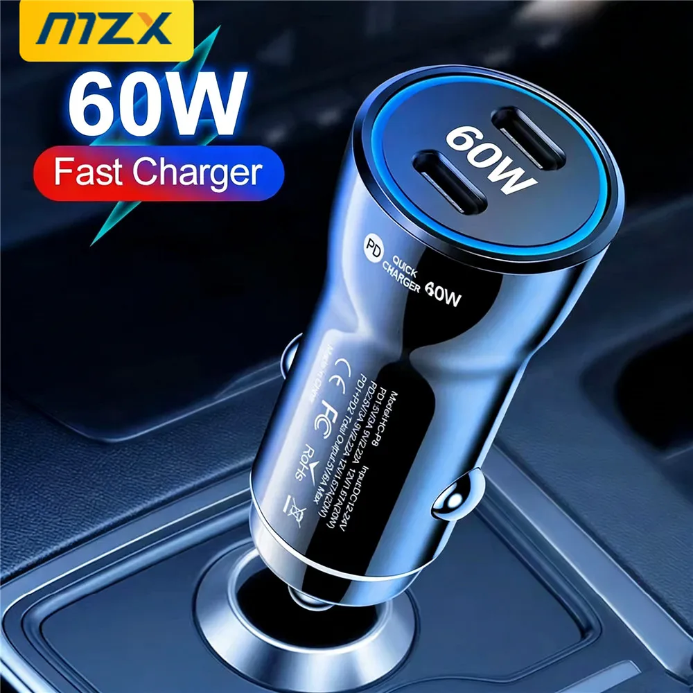Фото Автомобильное зарядное устройство MZX 60W/48W/30W с двумя портами USB-A и Type-C, быстрая зарядка PD, 12V/24V, для прикуривателя, QC 3.0 №3