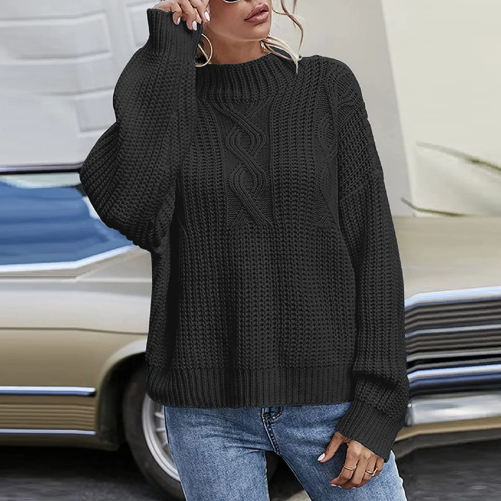 

Женский черный Свободный пуловер с высоким воротником, удобный свитер с воротником, однотонный вязаный свитер с длинным рукавом, пуловер, женский свитер