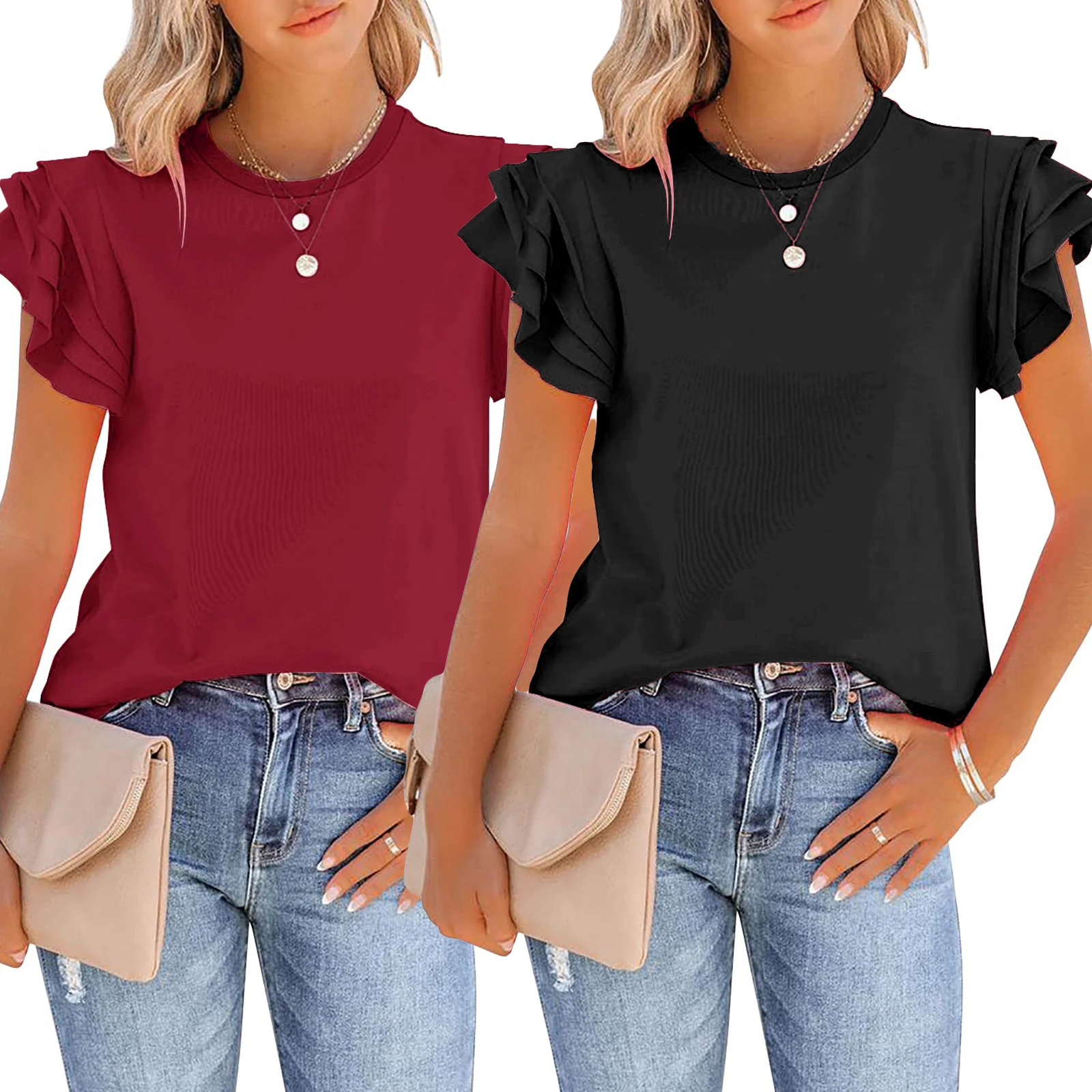 

Футболка с коротким рукавом для женщин, однотонный пуловер с круглым вырезом и оборками, тонкие топы свободного кроя для лета
