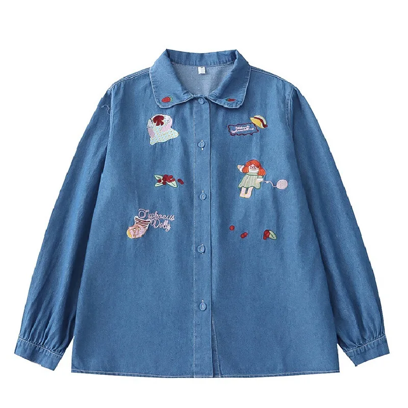 

2023 Spring New Women's Denim Shirt Tops Long Sleeve Orginal Niche Cartoon Embroidered Loose Casual Jean Blouses