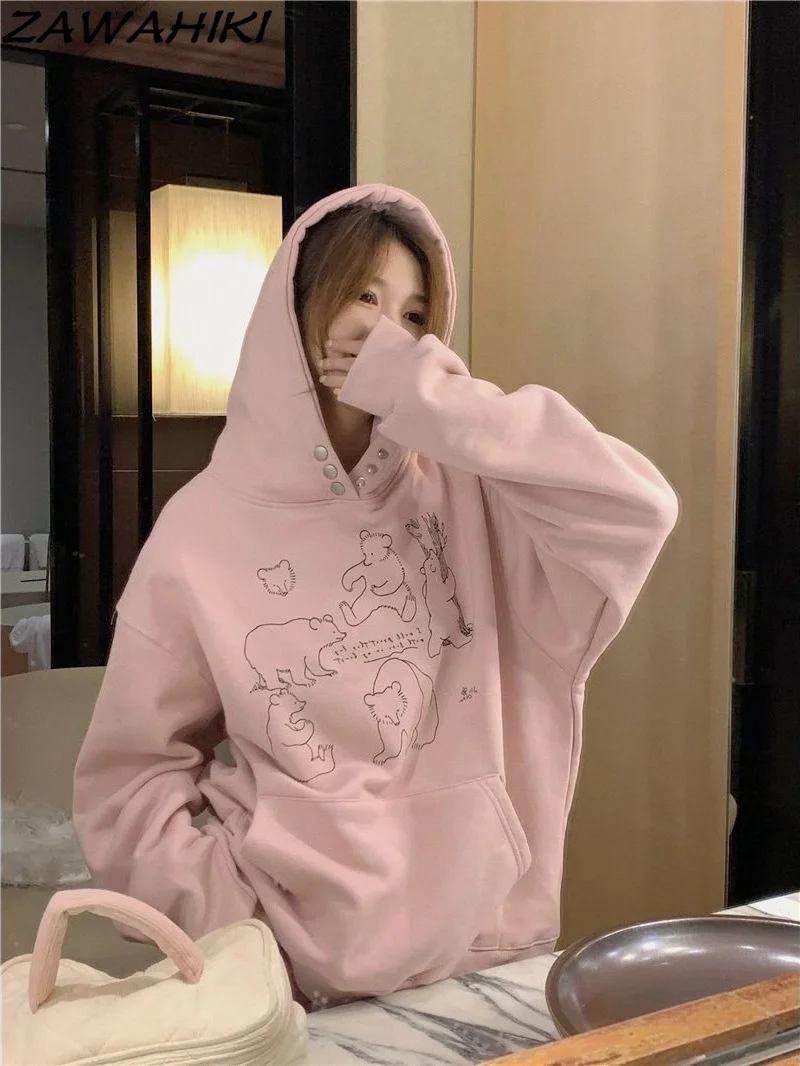 

Kawaii Bear Print Hoodies Pink Loose Sweatshirt Pullover Women Autumn Winter Warm Hood Kpop Casual Streetwear Tops Hoodies