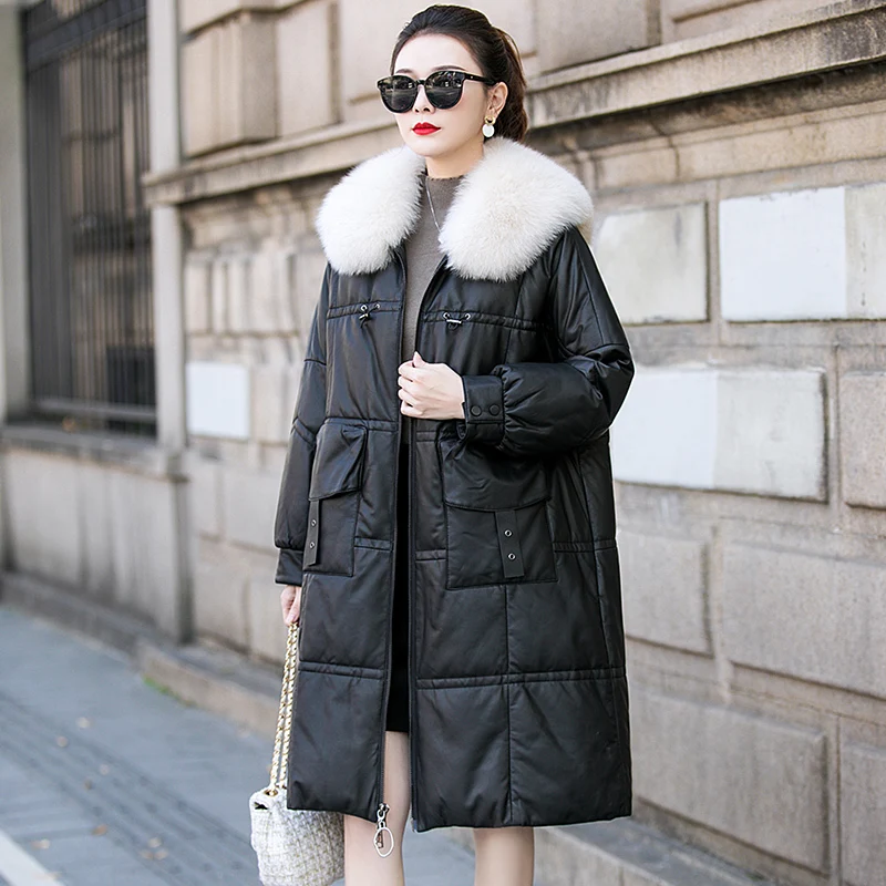 

2023 Women's Winter Sheepskin Coat Genuine Leather Jacket Female Warm Down Coats Real Fox Fur Collar Clothes Veste Cuir Femme WP