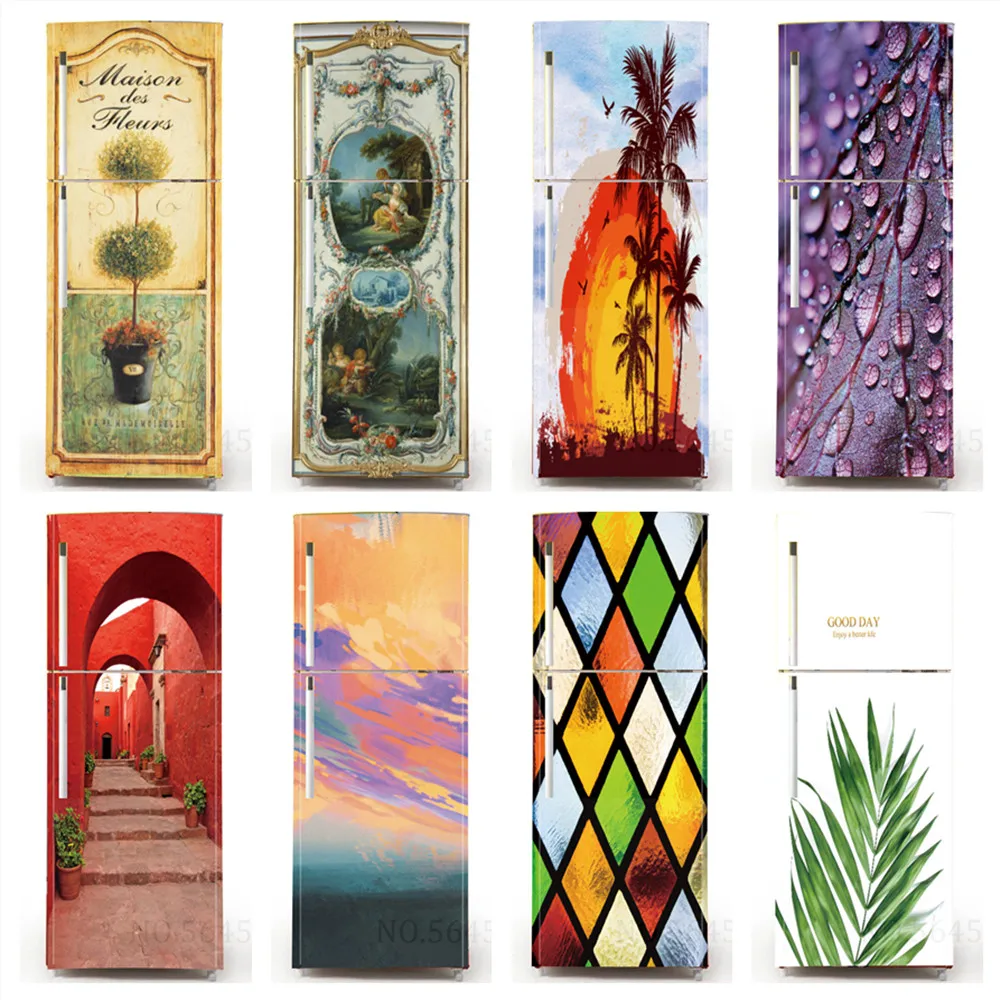 

Potted Retro Beach Stickers To Cover Fridge Vinyl Wrap For Furniture Refrigerator Wrap Wallpaper Sticker PVC Vinilo Frigorifico