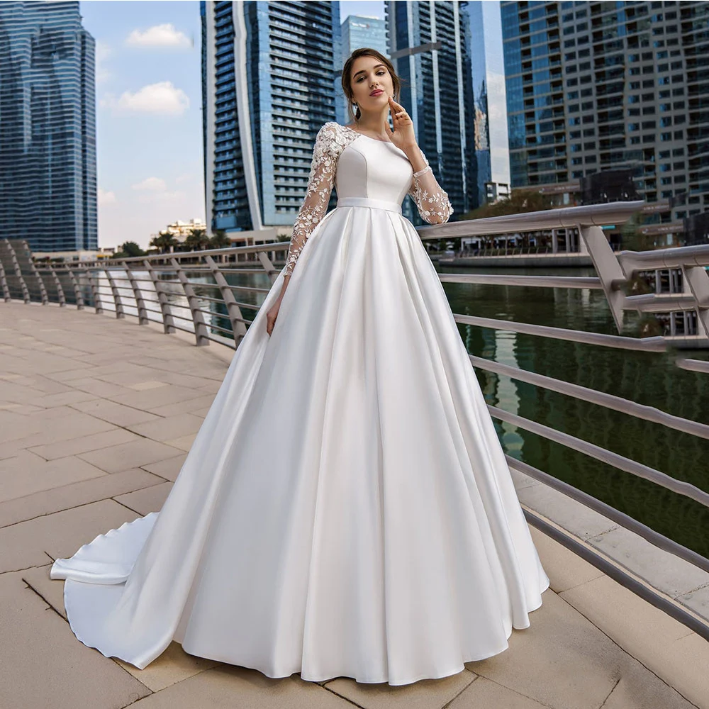 

Exquisite Bride Gowns Lace Long Sleeve O-Neck Satin Illusion Zipper Back Wedding Dresses A-Line Sweep Train Vestido De Noiva