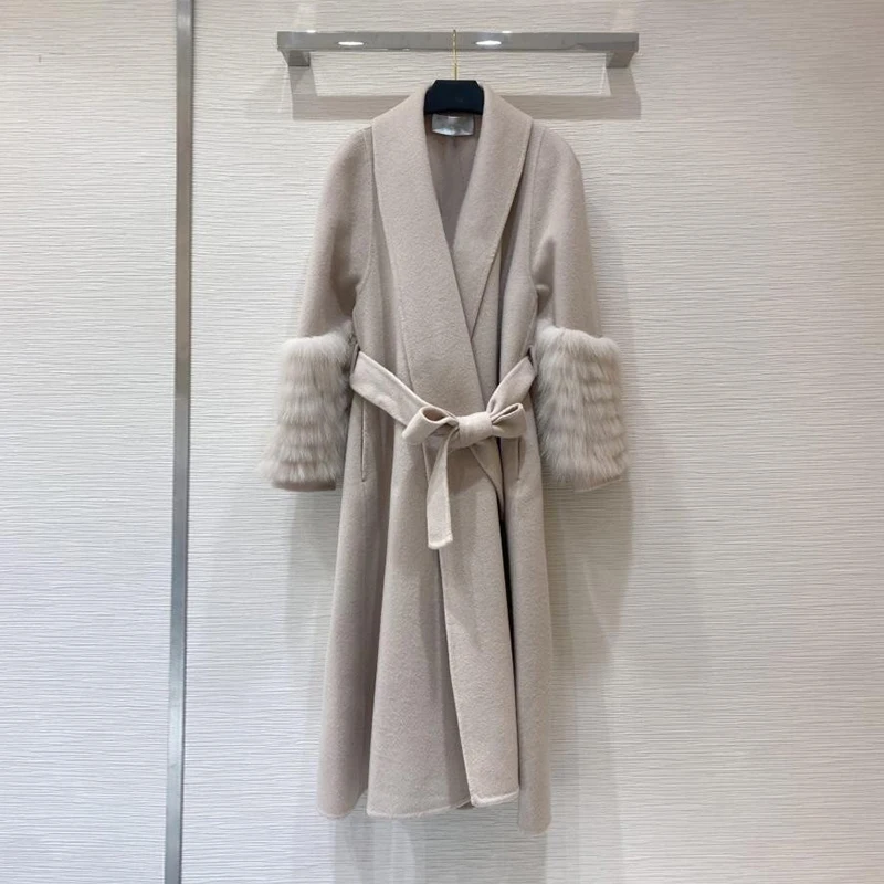 

High Quality Women's Double Side Real Wool Coat With Genuine Fox Fur Cuff Autumn And Winter Shawl Collar Woolen Jacket ZY01