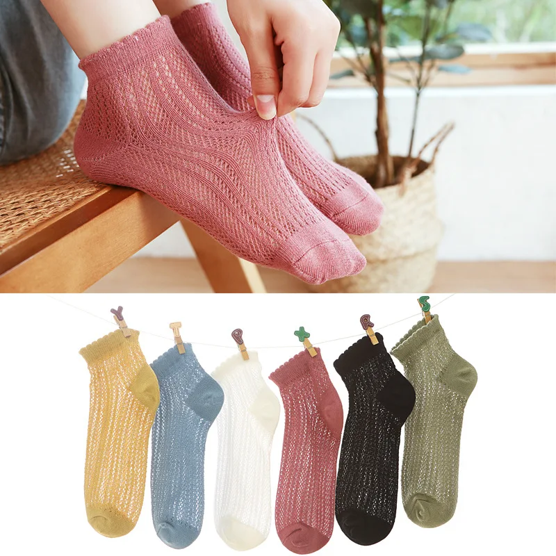 New Summer Women's Cotton Socks Japanese Thread Mesh Lace Boat Socks Women's Solid Color Vertical Stripe Short Socks Wholesale