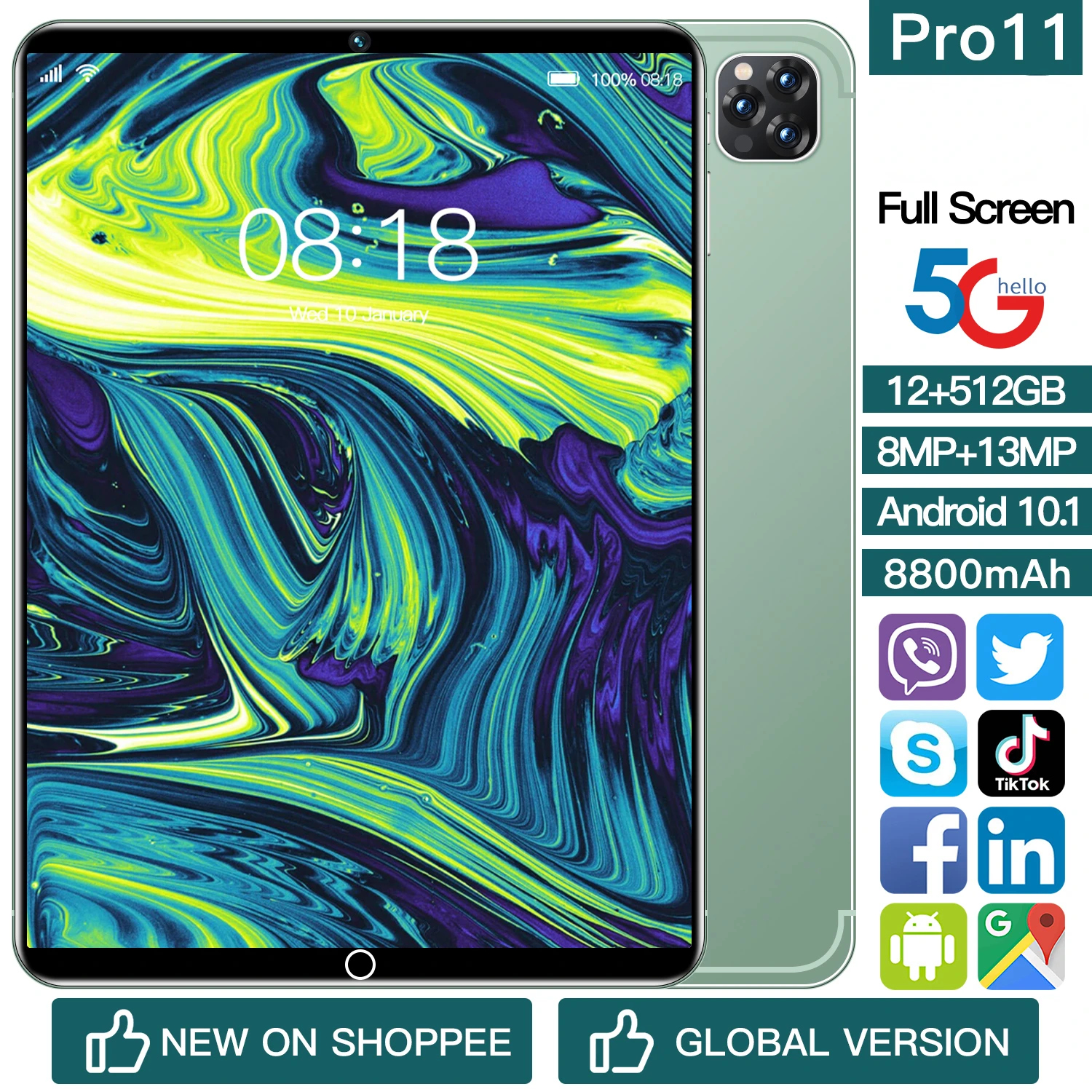 

Планшет с 10,1-дюймовым дисплеем, Android 10, 2 Sim-карты, 10,1 мАч