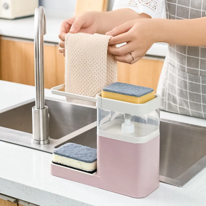 

Liquid Dispenser Sponge Holder Towel Rack Bowl Washing Dish Soap Dispenser For Kitchen 4-In-1 Soap Dispenser Set