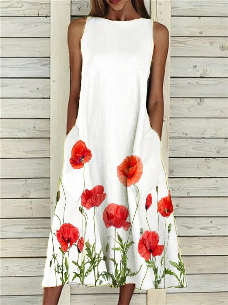 

2022 Summer Women's Sexy Sleeveless Vintage Floral Printed Long Dress Casual Loose Pockets Beach Party Dresses
