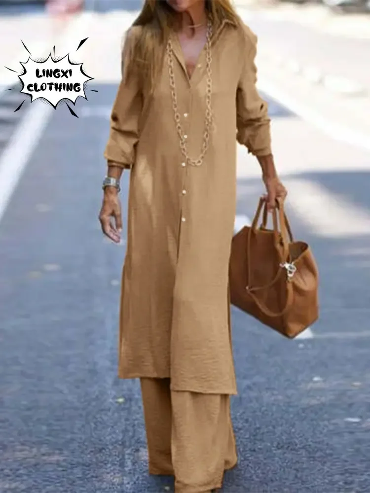 Элегантный длинный женский комплект с платьем на шнуровке и широкими брюками в