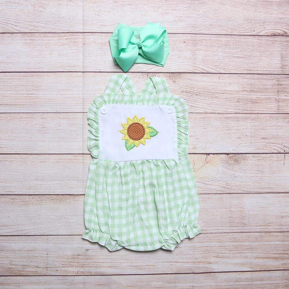 Summer Newborn Cotton Romper New Style Sunflower Embroidery Clothes Red Bow Leisure Lattice Sleeveless Jumpsuit For 0-3T Girl