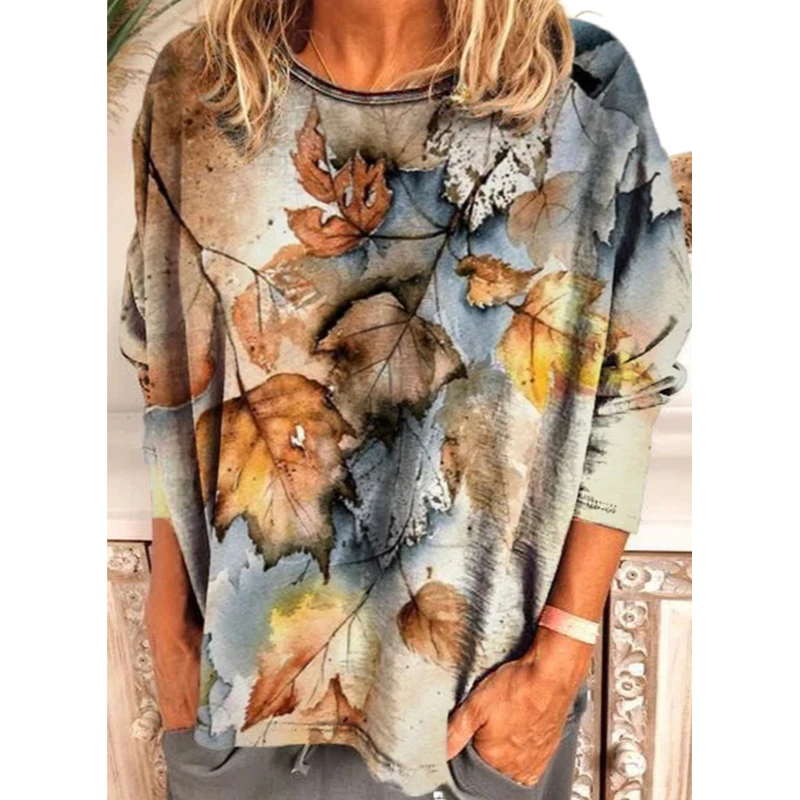 Round Neck Plus Size Tunic Tshirt Women's Casual Oversize Long Sleeve Shirt Tops Loose Vintage Female Tee Streetwear Clothes 6XL