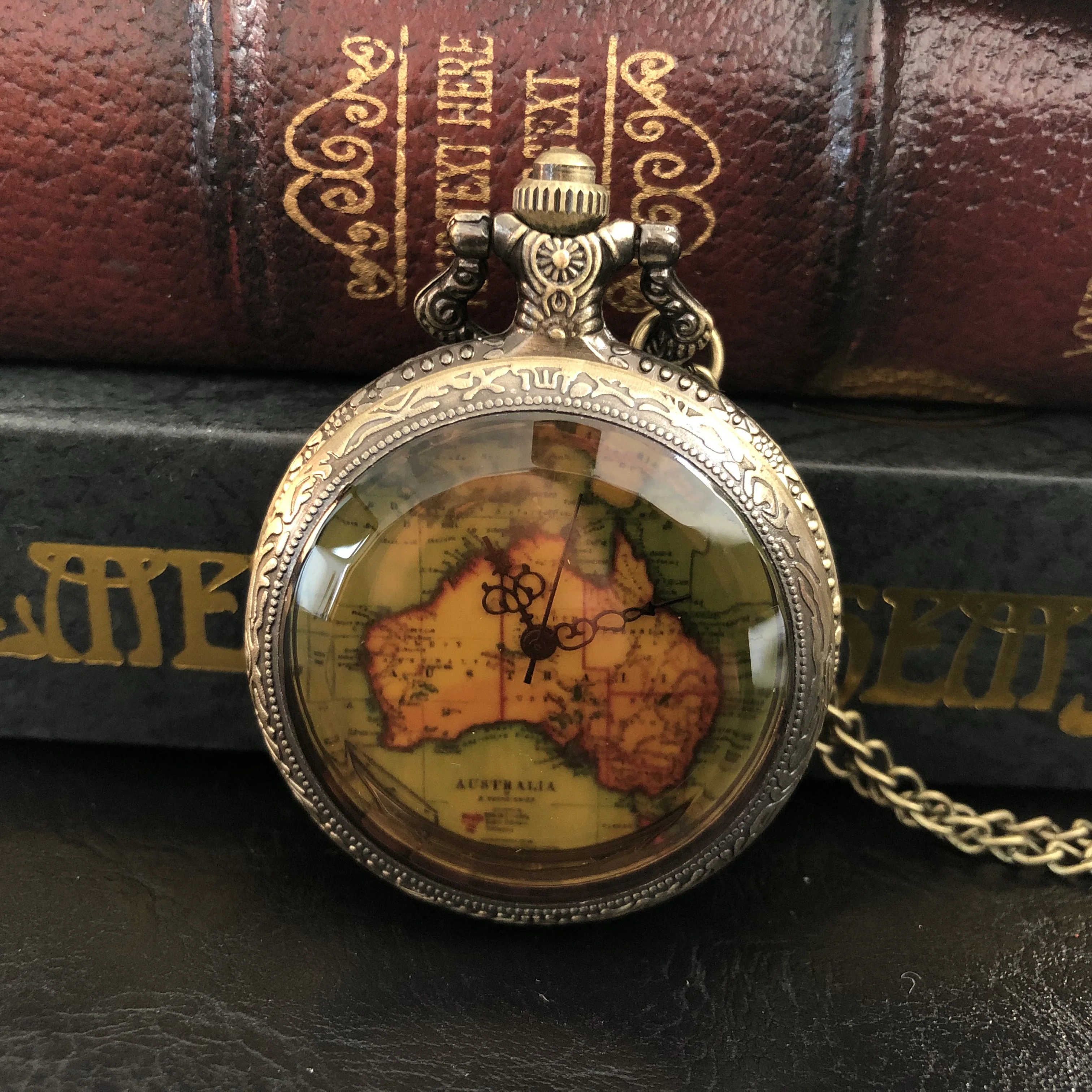 

Exquisite Unique Design Map Quartz Pocket Watch Dark Brown Glass Necklace Pendant Gift for Women Girls