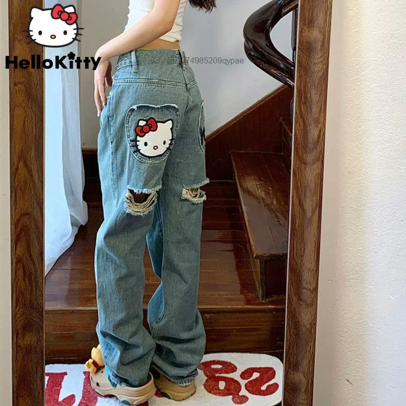 

Женские джинсы Hello Kitty Y2k, эстетичные брюки с высокой талией в уличном стиле, повседневные брюки-карго для девочек, корейские прямые мешковатые брюки, Pjs