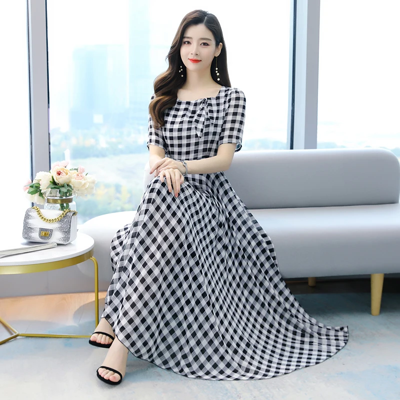 

2022 Black Plaid Print Chiffon Boho Beach Maxi Sundress Summer Casual O-neck Short Sleeve Long Dress Women Bodycon Party Vestido