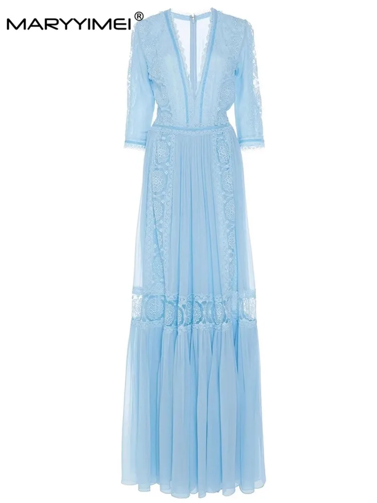 

Весенне-летнее модное женское платье MARYYIMEI с коротким рукавом и V-образным вырезом, кружевные лоскутные синие праздничные Длинные вечерние платья