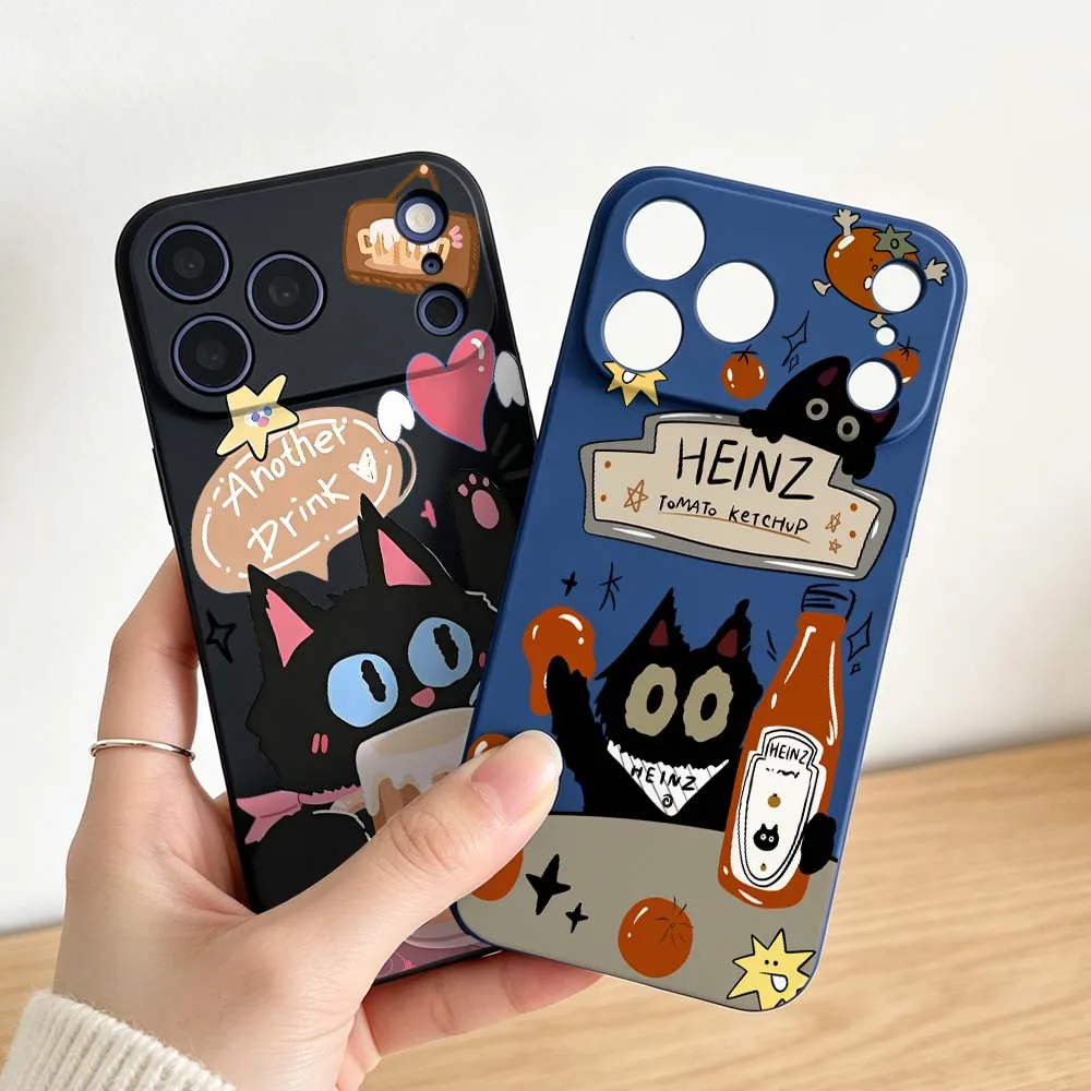 Фото Мягкий чехол для телефона Apple iPhone 17 16 16e 15 14 13 12 Air Pro Max Plus Mini с мультяшным дизайном Heinz Black Cat Ketchup №1