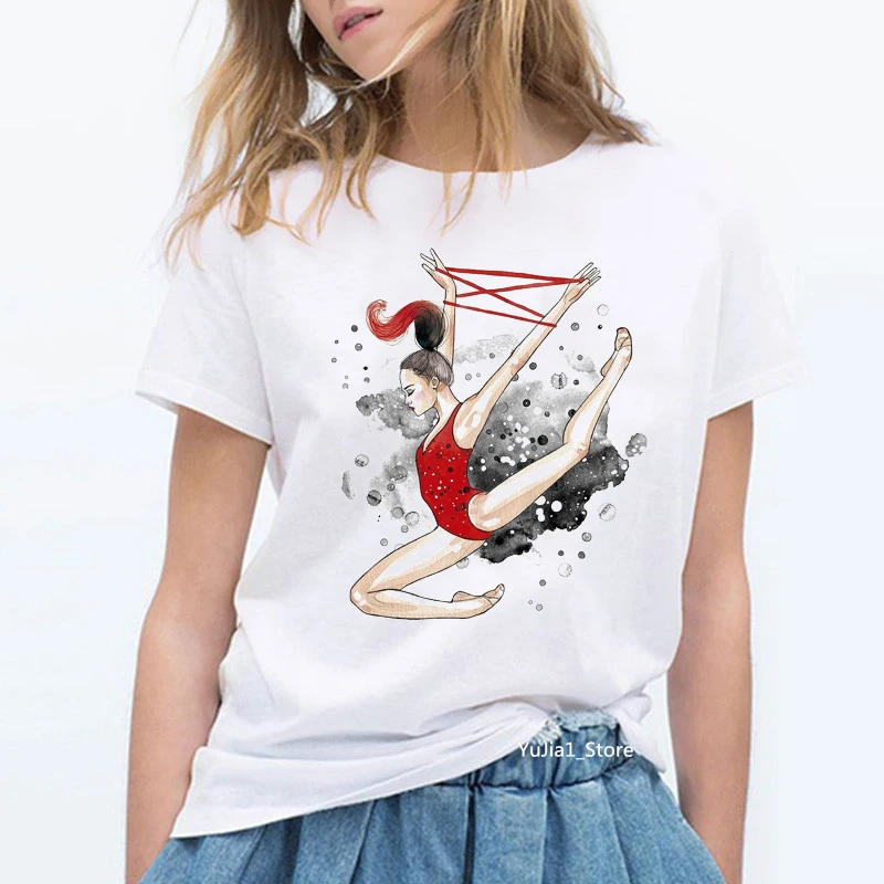 

Summer Watercolor Ballet Dancer Printed Girl White T Shirt Kawaii Gymnastics Dance Lover Gift Tee Shirt Femme Custom Top