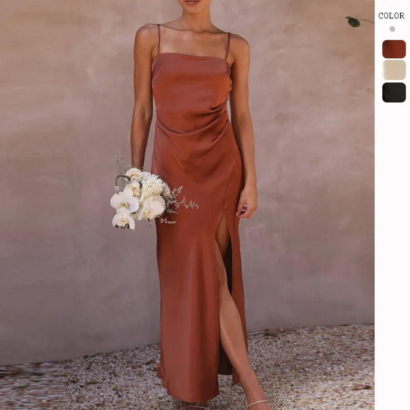 ICCLEK платье макси-ржавчины атласное подружки невесты темпераментные платья с