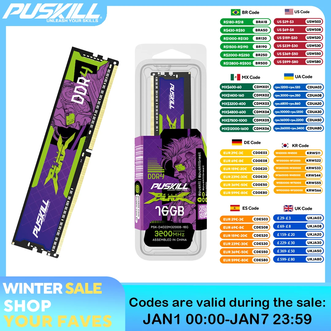 Фото PUSKILL KILLBLADE Настольная память DDR4 RAM 32 ГБ 16 ГБ 8 ГБ 1,2 В 3200 МГц 2666 МГц 288-контактный PC4 UDIMM Memoria №1